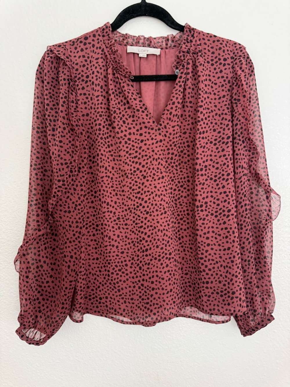 LOFT Dusty Pink Black Dot Sheer V-Neck Blouse